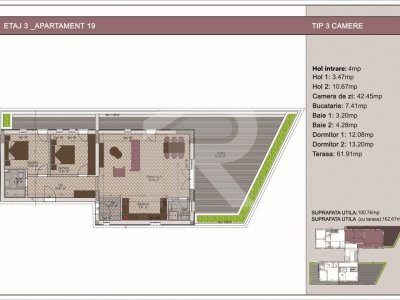 3 camere bloc nou cu tereasa de 24mp, zona Nerva Traian, metrou Timpuri Noi