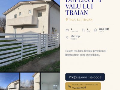 Duplex P+1 de Vânzare Valu lui Traian | 4 Dormitoare | Teren 280 mp