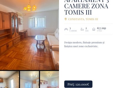 Apartament 3 camere de vânzare în zona Tomis III