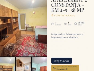 Apartament 2 camere semidecomandat, Constanța – KM 4-5 | 38 mp + boxă