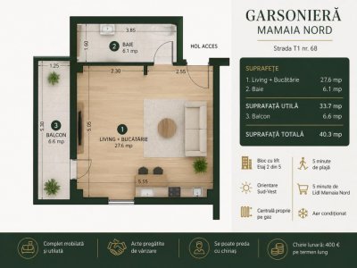 Vânzare Garsoniera Mamaia Nord pe strada liniștită 