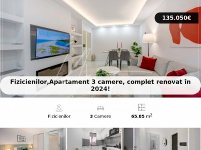 Fizicienilor,Apartament 3 camere, complet renovat în 2024!